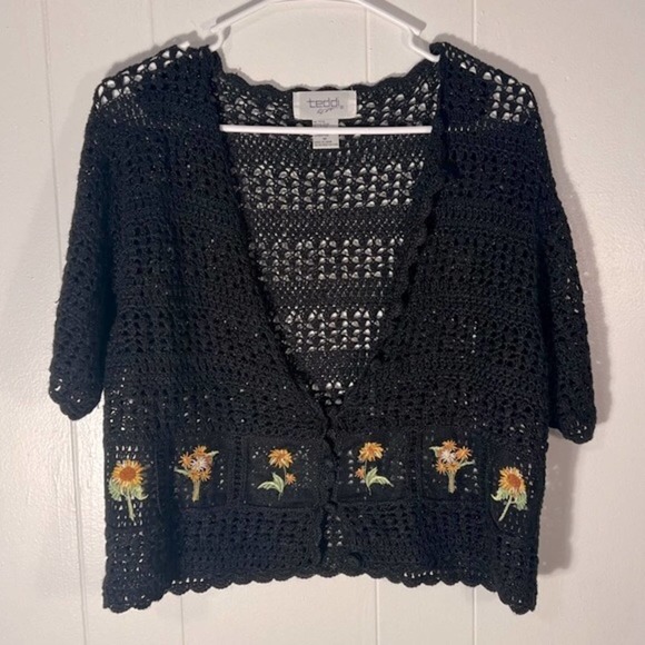 Teddi | Jackets & Coats | Vintage Teddi Crochet Sunflower Daisy Button Up Sweater Short Sleeve 